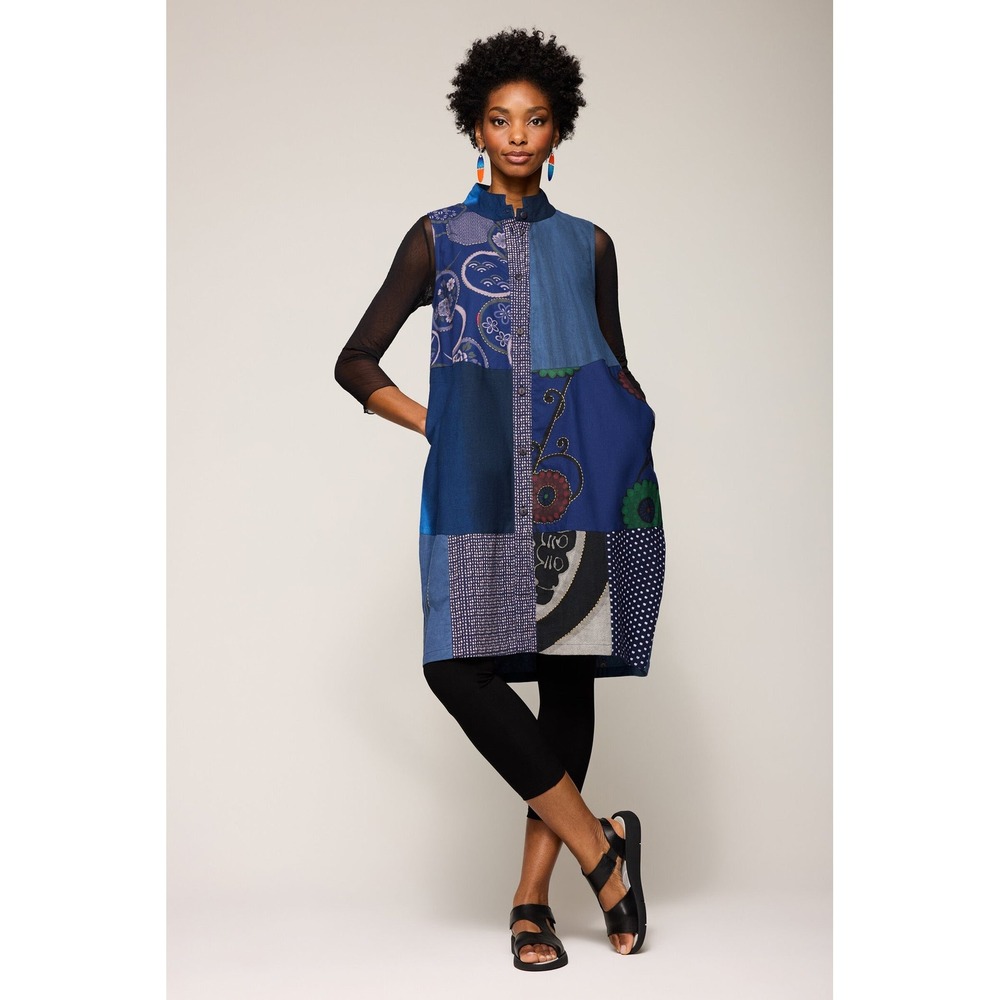 Yaza Eliana Dress Blue Patchwork Cotton Sleeveless Button Front Midi Womens L/XL - Picture 9 of 10